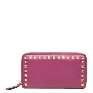 Valentino Rockstud Round Zip Long Wallet, Pink Leather, Women's VALENTINO